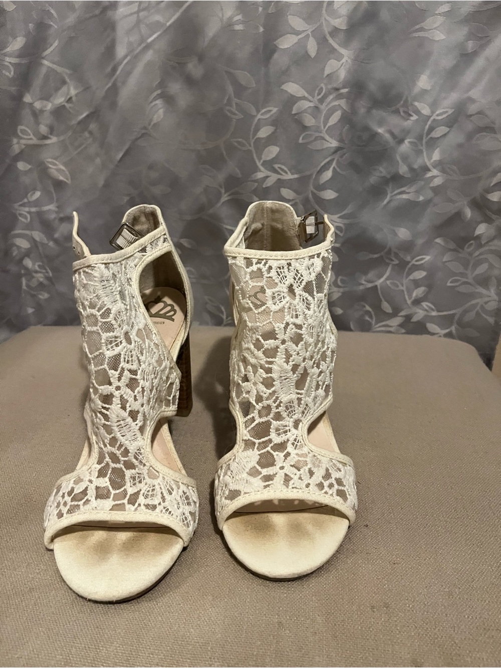 Fergie Cream Lace Peep-Toe Block Heel Sandals
